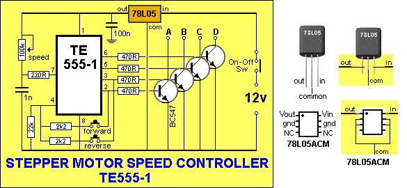 This circuit uses the latest TE555-1 STEPPER MOTOR SPEED CONTROLLER chip from Talking Electronics. It is available for $2.50 and controls the speed of a stepper motor via the 100k pot.