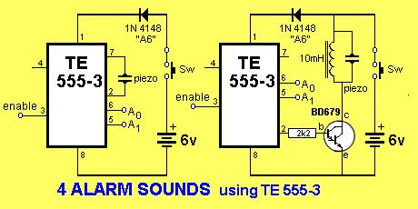 This circuit uses the latest TE555-3 FOUR ALARM SOUNDS chip from Talking Electronics. This 8-pin chip is available for $2.50 and produces 4 different alarm sounds.