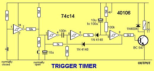TRIGGER TIMER The next design interfaces a "Normally Open" and "Normally Closed" switch to a delay circuit.