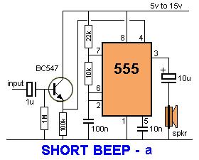 This circuit produces a short beep when the input goes from LOW to HIGH.