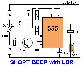 This circuit produces a short beep when the LDR does not receive any illumination.