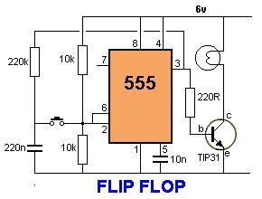 FLIP FLOP and MEMORY CELL When output pin 3 is HIGH, the 220n charges through the 220k to 6v. When pin 3 is LOW, the 220n discharges through the 220k to 0v.
