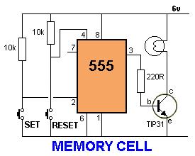The output of the 555 drives a transistor to turn a globe on and off. The second circuit is a Memory cell and is the basis of the memory in a computer.