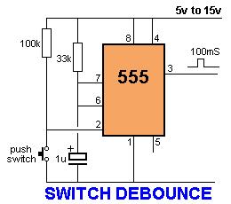 The output goes HIGH for 100mS when the switch is pressed. INCREASING OUTPUT CURRENT The 555 will deliver 200mA to a load but the chip gets extremely hot (12v supply).
