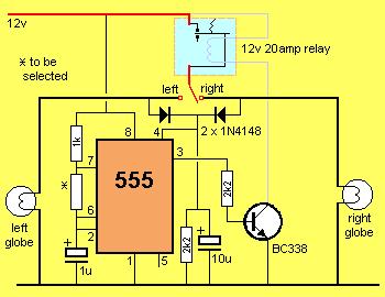 He needed to flash "turn indicators" using a 555 and a single 20 amp relay. Here is our suggestion. The timing resistor needs to be selected for the appropriate flash-rate.