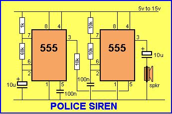 POLICE SIREN The Police Siren circuit uses two 555's to produce an up-down wailing sound.