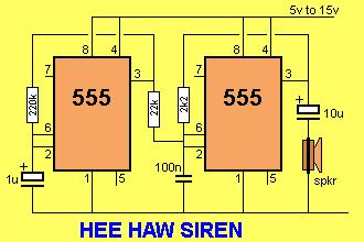 The voltage shift on pin 5 causes the frequency of the second oscillator to rise and fall. HEE HAW SIREN Build the circuit and listen.
