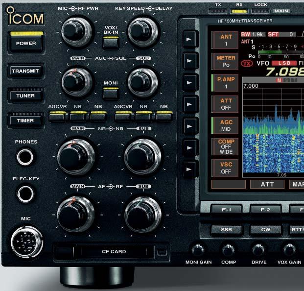 Icom s flagship HF transceiver +40dBm 3rd order intercept point (in the HF bands) Three hi-spec 1st IF filters (roofing filters) Two completely independent receiver circuits Spectrum waterfall