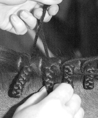 Step 5 Step 6 Now, tie up the braids. With your left hand, pull up on the two pieces of yarn to pull the end knots of your braid up into the hair at the neck.