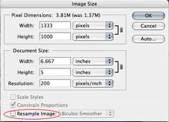In the Image Size dialog box, check the Resample Image box off (Figure 4).