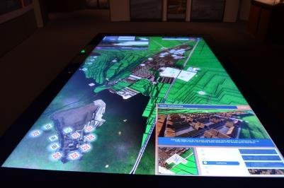 information displaying devices such as sphere shape display system which is projected by four projectors and workbench style of application of bird-eye view of culturally