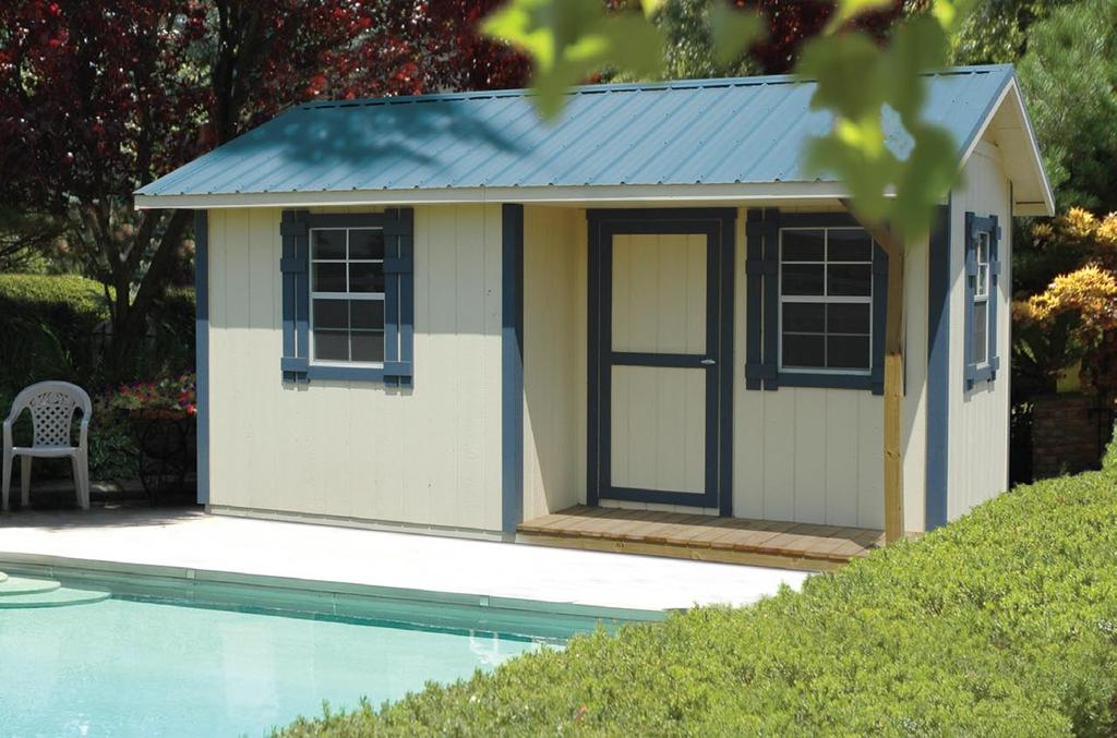 SignatureSeries The Brookside and its quaint half-porch are ideal as a pool shed. Add a singlefold cabana door with a shelf to create your own little resort.