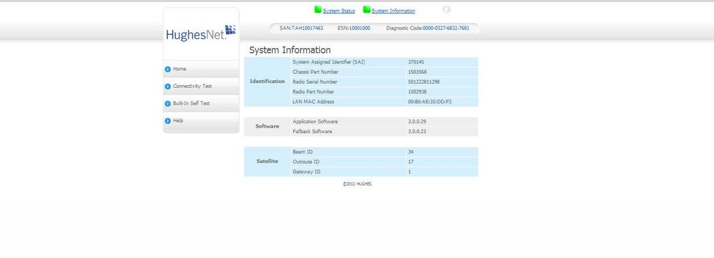 Figure 9: System Status page System Information page The System Information page, shown in Figure 10, provides system information for the satellite modem such as identification information, software