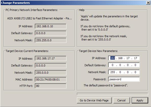 The sample screen shown illustrates the default IP address of the Ethernet Data Radio.