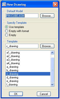 In the New Drawing dialog, Use the Browse button to find the cubic part and make it the default model. In the Specify Template area of the New Drawing dialog, select Use Template.