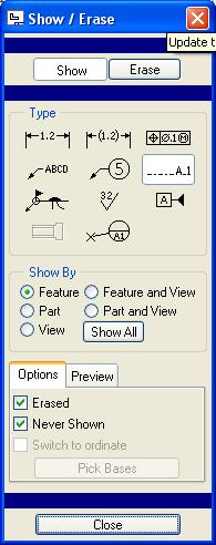 Hover your mouse over the various options in the Show/Erase dialog to see what they do. Select the Dimension and the Axis buttons. In the Show By section, select Part.