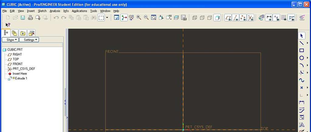 Drawing tools Drawing window Draw the rectangular cross section of the cubic part using the line tool. from the right tool bar.