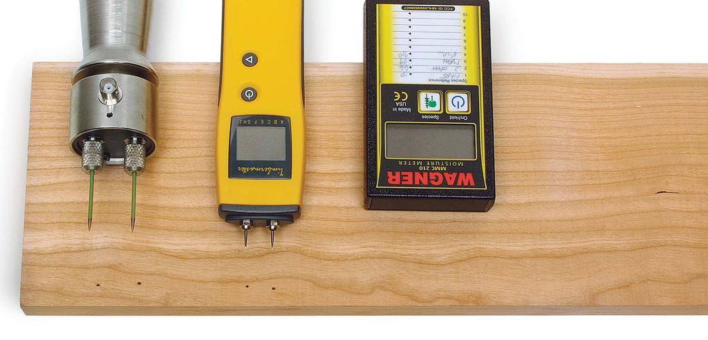 Big pins... little pins... or no pins Moisture meters use either pins or an electromagnetic plate (pinless) to measure moisture.
