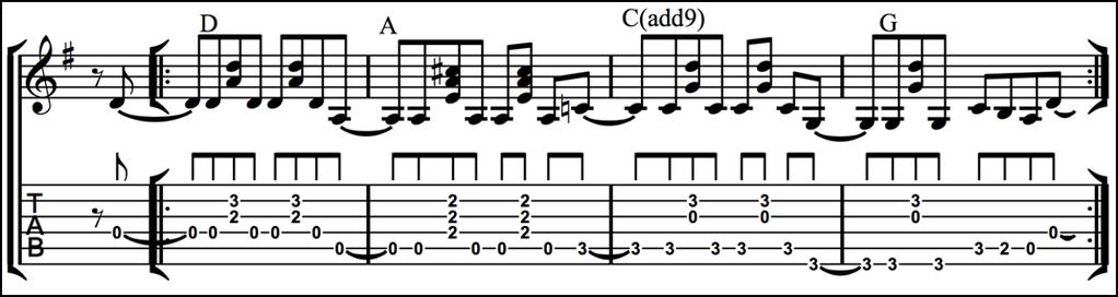Rock guitar chords Example 6m: The next idea uses just three chords but adds a rake to decorate the first chord.