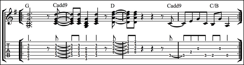 Rock guitar chords Example 6s: As always, listen to the audio example to get the right feel for this example.