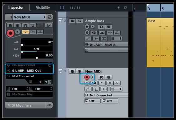 2.5 MIDI Out Toggle on MIDI Out, add a MIDI track in project and set the input to MIDI Out of Ample Guitar.