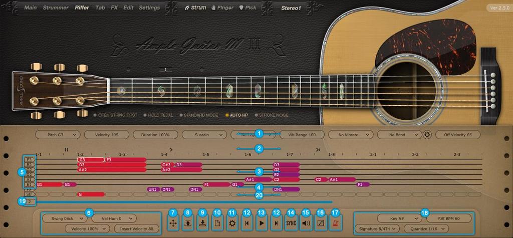 6 Riffer 6.1 Overview of Riffer Panel 1. Note Properties Line 2. Expression Line 3. String Roll 4. FX Noise Line 5. Tuner: The Pitch of Each Open String 6. Global Properties 7. Drag MIDI to Host 8.
