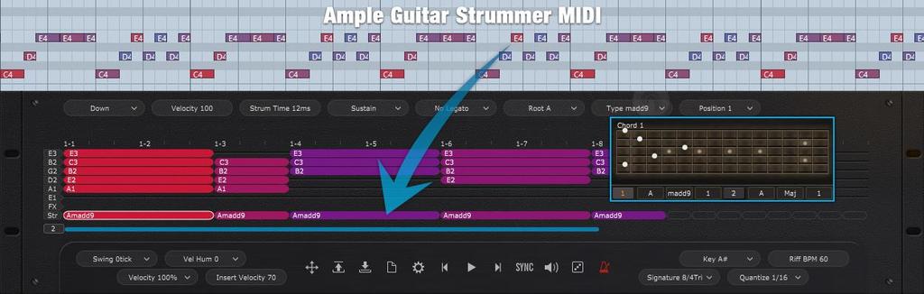 Set a chord on Strummer then drag the Strummer MIDI to Riffer Strum Line,