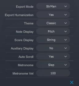 6.9 Preferences MIDI Export Mode Export Humanization Theme Note Display Score Display Auxiliary Display Auto Scroll Metronome Metronome Velocity Strman: Exported MIDI will contain keyswitch\strman