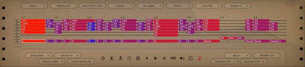 6.10.4 Strum Line (Guitar only) Select a strum note, the strum note properties will be shown on the title area.