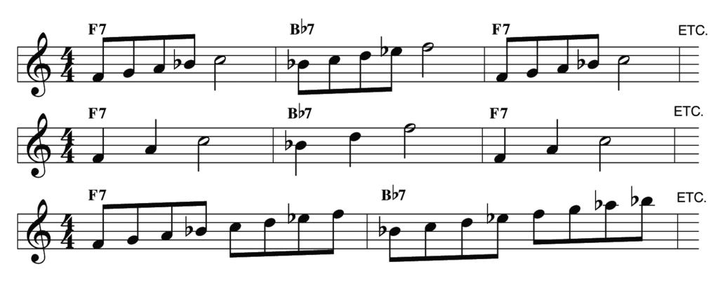 If you were to take numbers 1, 2, and 3 from above and apply them to the first four bars of an F blues, it would look like this: 1. 2. 3. I once heard trumpeter Woody Shaw warming up before a concert in the above manner.
