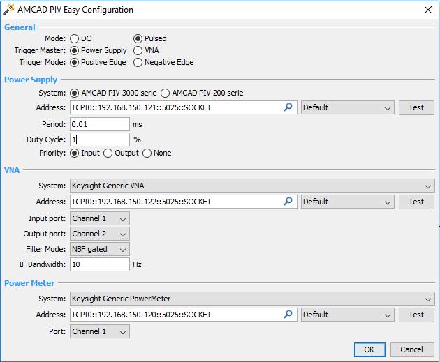 For the VNA based Load-Pull, the AMCAD PIV Easy Configuration window is similar to the "AMCAD PIV Easy Configuration" of the IV setup, adding the power meter setting.