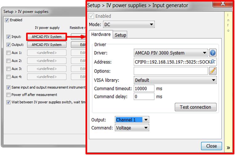 By clicking on a Input Power supply, the following window is displayed: Fig 8:10 Input IV Power Supplies configuration The fields to fill are: Mode chose the measurement mode (CW or Pulsed) Driver