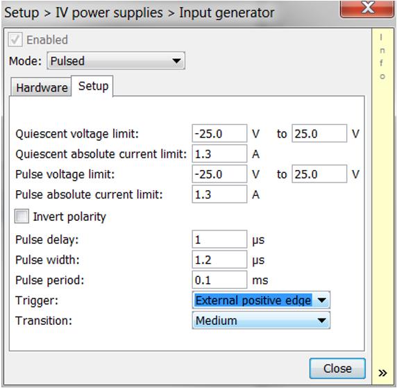 Figure 8:11 Input IV Power Supplies in DC mode configuration Bias Voltage limit set the minimum and the maximum voltage limits of the probe (-25V to +25V for the AM3211) Bias Absolute current set the