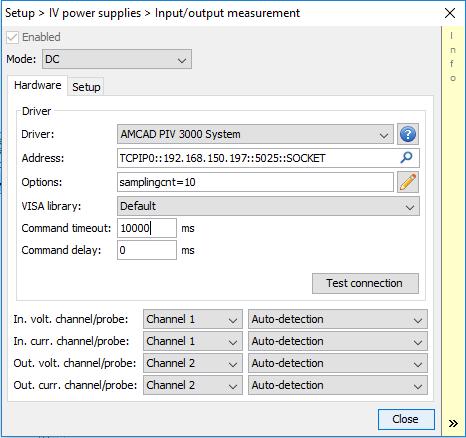 Clicking on Input/Output Measurement, the following window is displayed: Figure 8:17 Input/Output Measurement configuration Mode Driver URL Options VISA implementation Command timeout Command delay