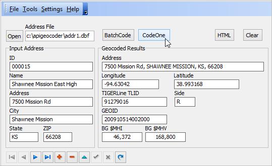 Geocoding One Address With address loaded, click CodeOne