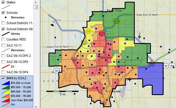 Develop wide-ranging GIS applications Create maps like the one at right Wichita, KS Elem School Attendance Zones (SAZ) A query is applied to show only Wichita school district (bold black boundary)