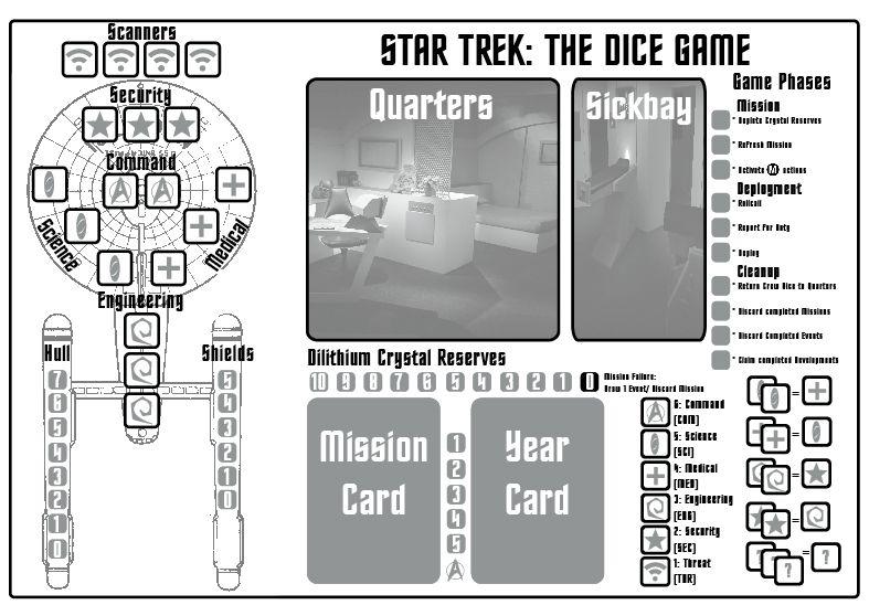 Select your 5 Year Mission card (Easy/ Medium/ Hard/ Kobayashi Maru) and place it on the board Place a token on the corresponding Dilithium Crystal Reserves space (10, 9, 8 or 7) Place 10 Crew Dice