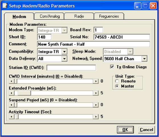 STEP 3 Click the Parms button in the upper left corner of the FPS screen. Here the Modem, Com/Analog, Radio and Frequencies settings can be changed. Click OK when done.