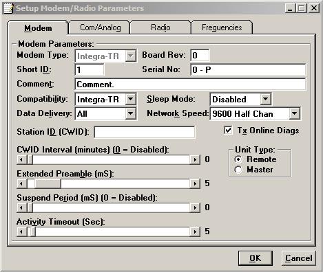 4.3.1 SETUP MODEM/RADIO PARAMETERS To access the Setup Modem/Radio Parameters screen, use the Parms Icon. You may also access this screen from the Edit menu.