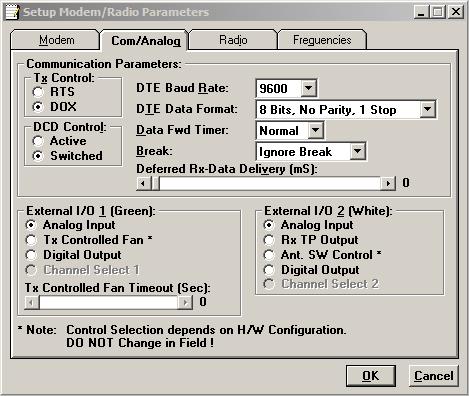 4.3.1.2 SET UP MODEM/RADIO PARAMETERS: COM/ANALOG TAB The COM/Analog tab allows user programming of various COM Port and External input/output parameters (see Figure 18).