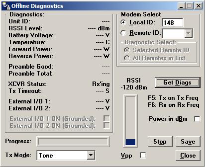 Figure 32: Offline Diagnostics Screen Offline Diagnostic parameters include the following: Unit ID The Short ID of the unit sending diagnostics. RSSI Level Received Signal Strength Indication in dbm.