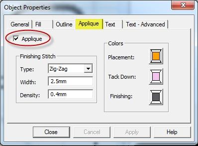 When the Object Properties dialog opens, ignore the General tab and click on the Applique tab. Check the Applique option by clicking on it and set the finishing stitch options (Figure 4-4).