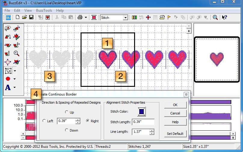 The values on the left of the dialog (Figure 6-2) set the stitching direction of the border and allow BuzzEdit to insert the alignment stitches in the correct location in time.