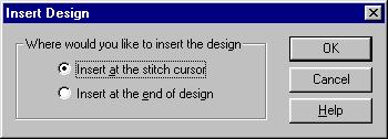 Insert an Existing Design With the stitch cursor correctly positioned in the hoop section of your choice, choose File > Insert Design. This brings up the Insert Design dialog box.