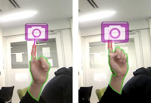 Chapter 2. Hand gesture interface 15 Figure 2.5: Interacting with the hover button interface. lighting conditions, we chose to use the [35] algorithm for the segmentation processing of hands.