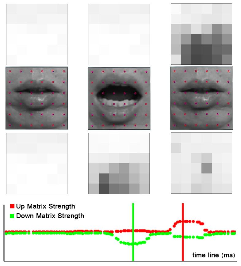 Chapter 4. Head gesture interface 63 Figure 4.8: The mouth-opening gesture. The Up Matrix and Down Matrix are shown at the top and bottom of the mouth image, respectively.