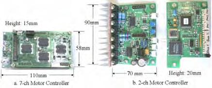 The detailed hardware configuration and the features of the controllers are shown in Figs. 8 and 9. As mentioned above, two types of servo controllers were used; these are shown in Fig. 9. Both are composed of a microcontroller module and power amplifier module.