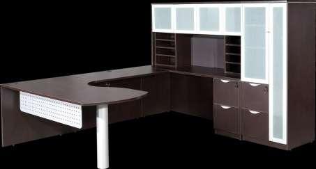 New Full Pedestal style desk, glass modesty panel, new Fancy hutch with dual shelves, storage tower with glass doors, new small hutch with glass doors.