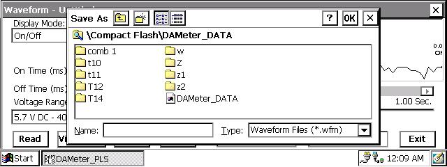 The window shown below will appear on the screen. You are being asked here to establish a file in which the waveform data will be stored (saved).