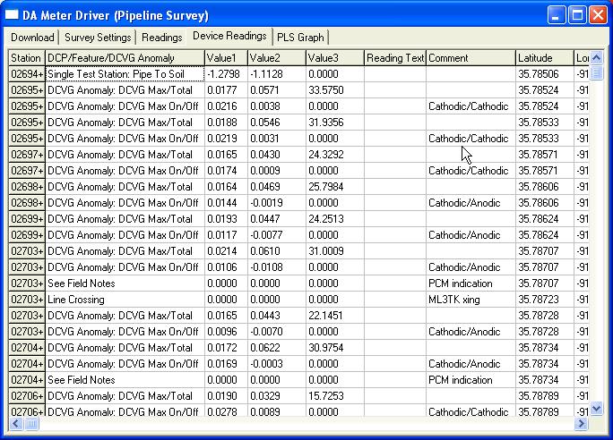 The above Device Readings window displays data for a number of different defects that were marked during this example survey.